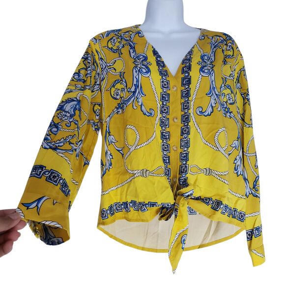 Anthropologie Maeve Elan Scarf Print Blouse 0 Yellow Horse Tie Front Equestrian - Picture 3 of 15